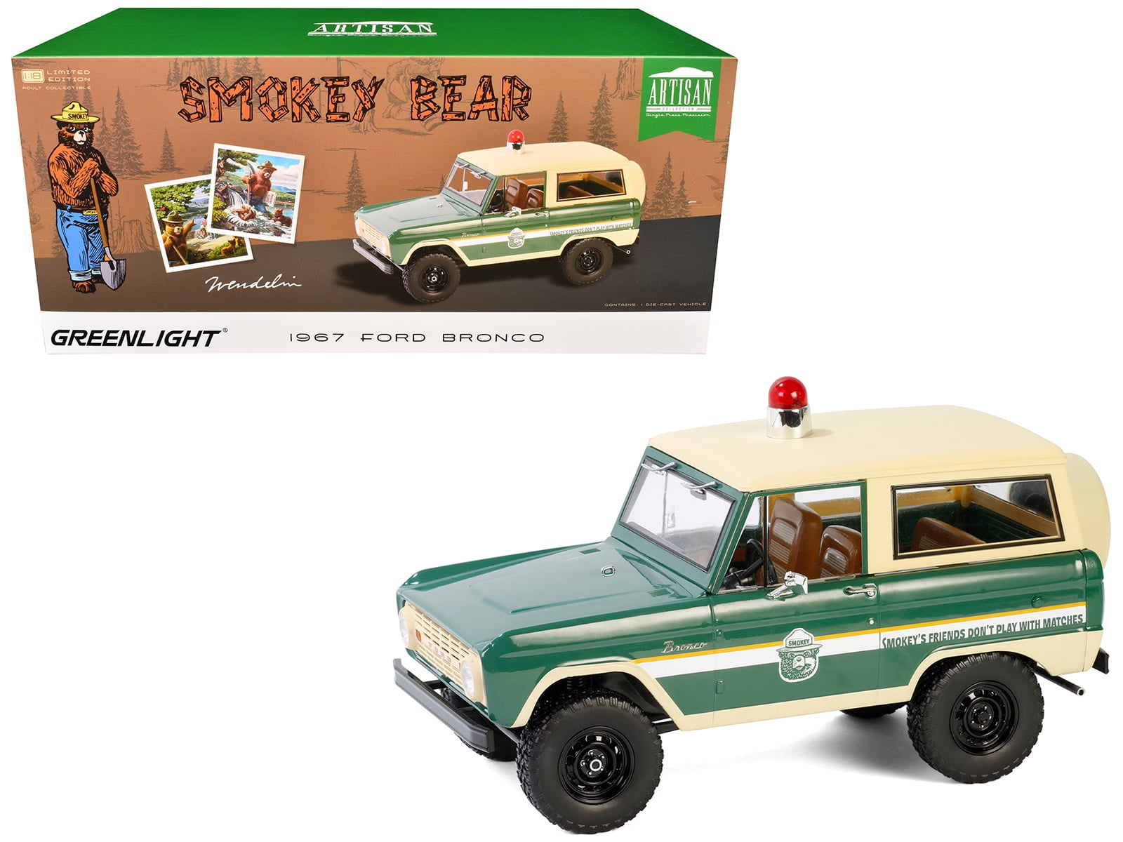 1967 Ford Bronco "Smokey Bear Forest Ranger" Green and Cream with White Stripes 1/18 Diecast Model Car by Greenlight