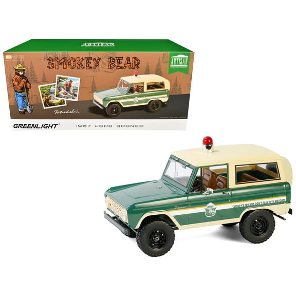 1967 Ford Bronco "Smokey Bear Forest Ranger" Green and Cream with White Stripes 1/18 Diecast Model Car by Greenlight