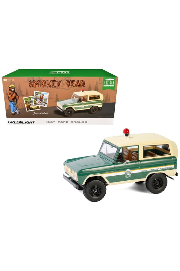 1967 Ford Bronco "Smokey Bear Forest Ranger" Green and Cream with White Stripes "Artisan Collection" 1/18 Diecast Model Car by Greenlight