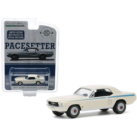 1967 Ford Mustang Coupe Wimbledon White with Scotchlite Blue Stripes "Indy Pacesetter Special" "Hobby Exclusive" 1/64 Diecast Model Car by Greenlight