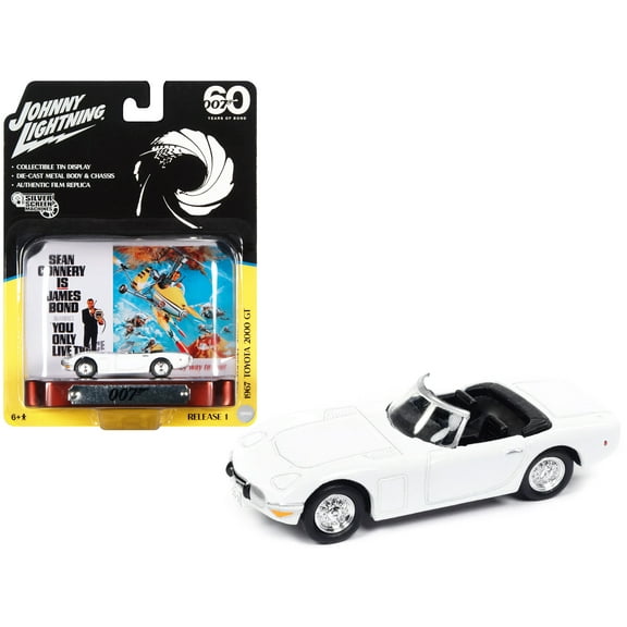 1967 Toyota 2000 GT Conv. RHD White 007 (James Bond) (1967) Movie w/Tin Display 1/64 Diecast Model Car by Johnny Lightning