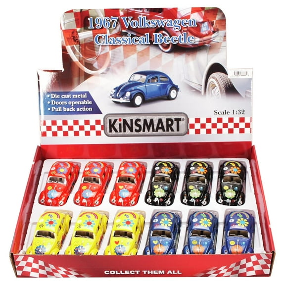 1967 Volkswagen Beetle w/ Decals Diecast Car Package - Box of 12 1/32 scale Diecast Model Cars, Assorted Colors