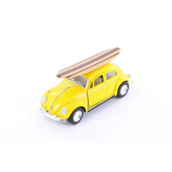1967 Volkswagen Classic Beetle w/ Surfboard, Yellow - Kinsmart 5057DS1 - 1/32 scale Diecast Car