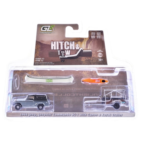 1968 Jeep Jeepster Commando SC-1 Gray w/Black and Top with Trailer, Canoe Rack, and Kayak 1/64 Diecast Model Cars by Greenlight