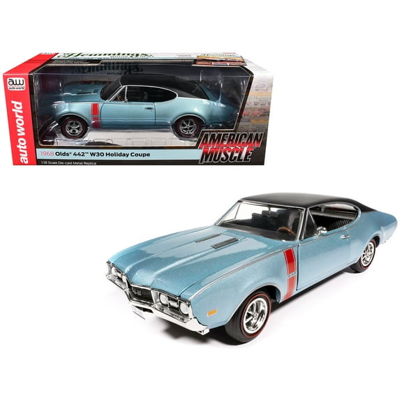 1968 Oldsmobile 442 W30 Holiday Coupe Teal Frost Metallic with Red Stripes and Black Vinyl Top "Hemmings Motor News July 2023 Cover Car" "American Muscle" Series 1/18 Diecast Model Car by Auto World