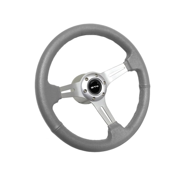 1969-1973 Pontiac GTO; VSW 6 Bolt Gray Leather Wrapped Steering Wheel Brushed Aluminum Kit, White GTO Emblem