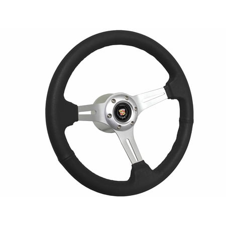 1969-1989 Cadillac; VSW 6 Bolt Black Leather Wrapped Steering Wheel Brushed Aluminum Non-Telescopic Kit, Crest & Wreath Emblem