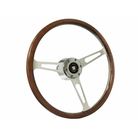 1969-1989 Cadillac; VSW 6 Bolt Deluxe Wood Steering Wheel Non Telescopic Kit, Crest & Wreath Emblem