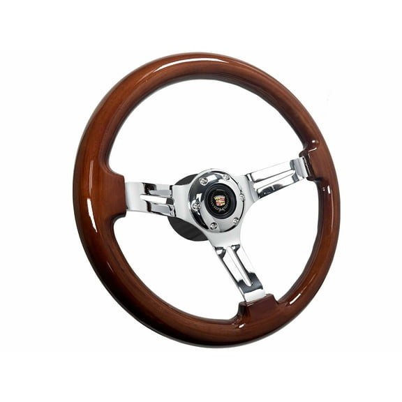 1969-1989 Cadillac; VSW 6 Bolt Mahogany Wood Steering Wheel Telescopic Kit, Crest & Wreath Emblem