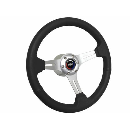 1969-1989 Chevrolet Passenger; VSW 6 Bolt Black Leather Wrapped Steering Wheel Brushed Aluminum Kit, Tri Color Bow Tie Emblem