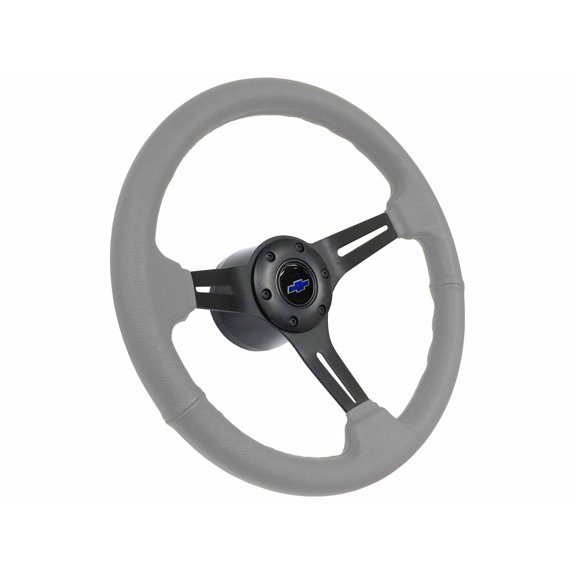 1969-1989 Chevrolet Passenger; VSW 6 Bolt Gray Leather Steering Wheel Black Kit, Blue Bow Tie Emblem