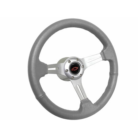 1969-1989 Chevrolet Passenger; VSW 6 Bolt Gray Leather Wrapped Steering Wheel Brushed Aluminum Kit, Red Bow Tie Emblem
