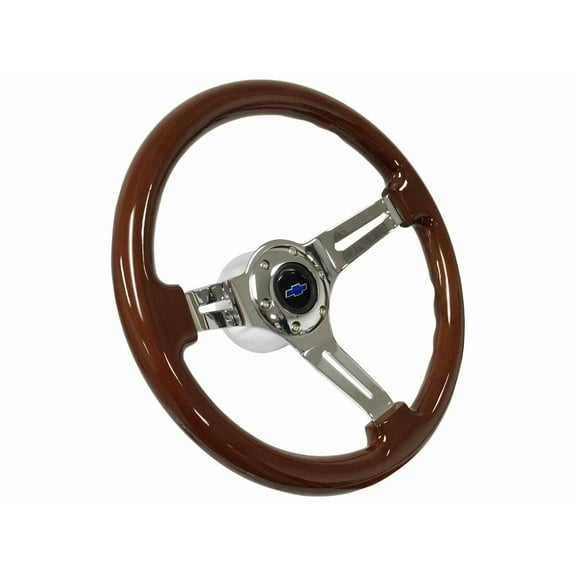 1969-1989 Chevrolet; VSW 6 Bolt Mahogany Wood Steering Wheel Chrome Kit, Blue Bow Tie Emblem