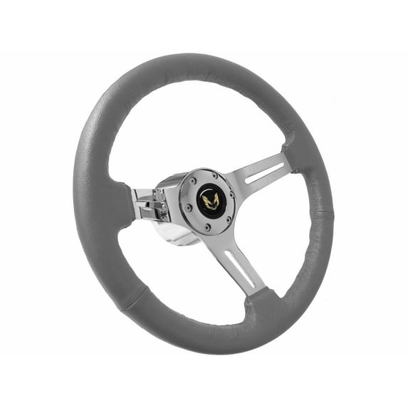 1969-1989 Pontiac Firebird; VSW 6 Bolt Gray Leather Wrapped Steering Wheel Chrome Kit, Gold Emblem