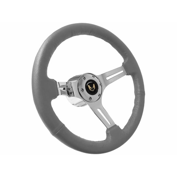 1969-1989 Pontiac Firebird; VSW 6 Bolt Gray Leather Wrapped Steering Wheel Chrome Kit, Gold Emblem