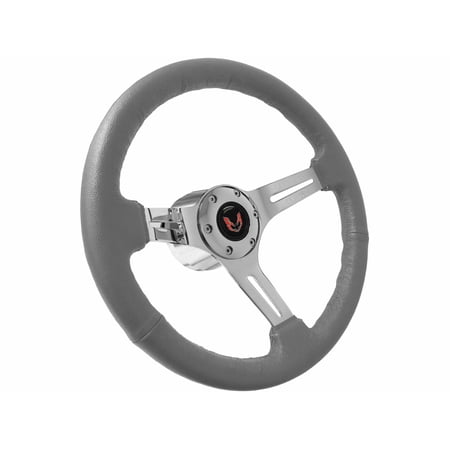 1969-1989 Pontiac Firebird; VSW 6 Bolt Gray Leather Wrapped Steering Wheel Chrome Kit, Red Emblem
