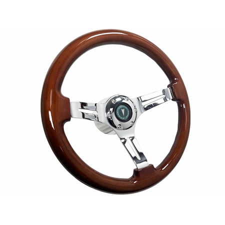 1969-1989 Pontiac; VSW 6 Bolt Mahogany Wood Steering Wheel Chrome Kit, Green Pontiac Motor Company Emblem