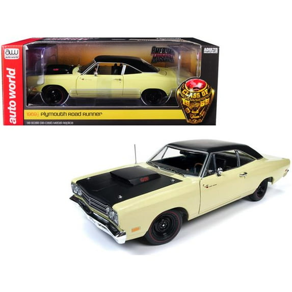 Autoworld AMM1179 1969-5 Plymouth Road Runner Coupe Sunfire Yellow with Black Top & Hood Looney Tunes Class of 1969 Limited Edition to Worldwide 1-18 Diecast Model Car