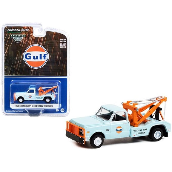 1969 Chevrolet C-30 Dually Wrecker Tow Truck Gulf Oil Light Blue Welding Tire Collision Hobby Exclusive 1-64 Scale Diecast Model Car