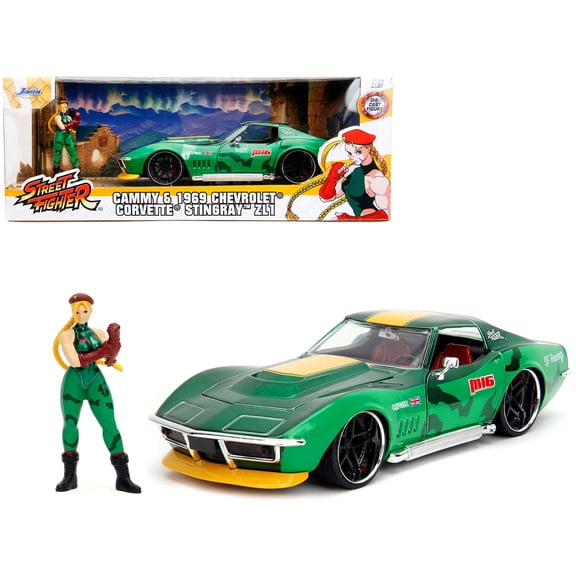 1969 Chevrolet Corvette Stingray ZL1 Green Metallic with Yellow Stripes and Cammy Diecast Figure "Street Fighter" Video Game "Anime Hollywood Rides" Series 1/24 Diecast Model Car by Jada