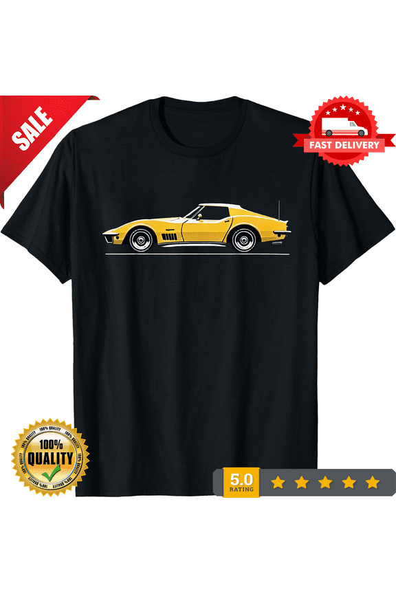 1969 Corvette C3 Stingray T-Shirt – Yellow Side View Classic Car Graphic, NEW INSTOCK-TH69867