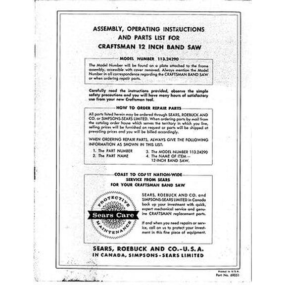 1969 Craftsman 113.24290 12" Band Saw Operating Instructions and Parts List REPRINT
