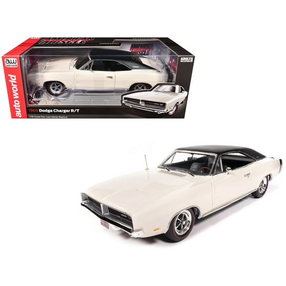 1969 Dodge Charger R/T W1 White with Black Vinyl Top and Black Tail Stripe 1/18 Die Cast Model Car by Auto World