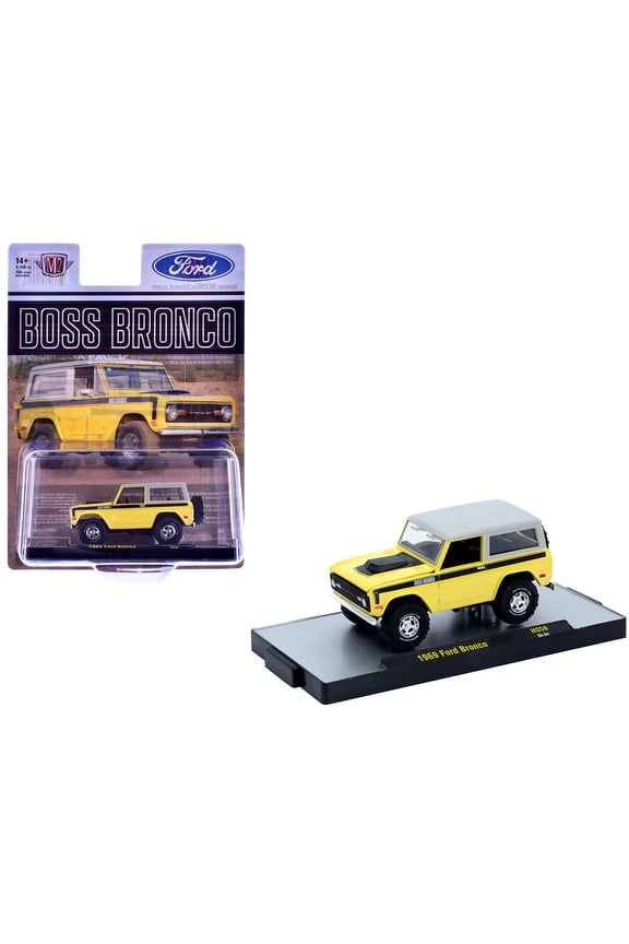 1969 Ford Bronco Yellow with Black Stripes and Gray Top Limited Edition to 6380 pieces 1/64 Diecast Model Car by M2 Machines