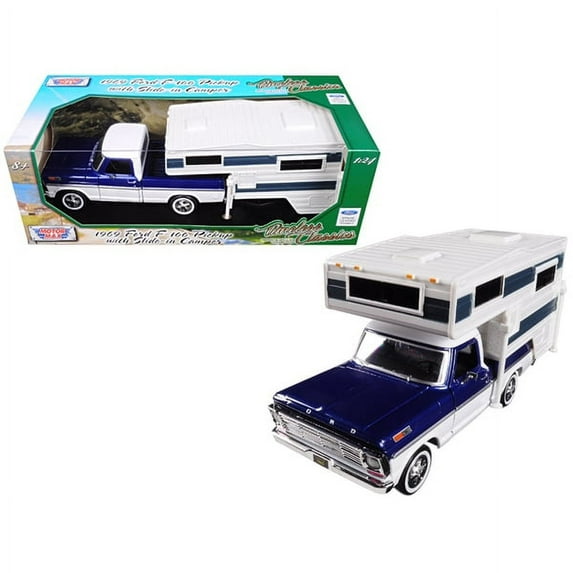 1969 Ford F-100 Pickup Truck with Slide-In Camper Blue Metallic and White 1/24 Diecast Model Car by Motormax