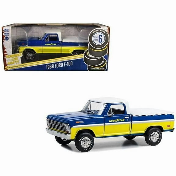 1969 Ford F-100 Truck Blue and Yellow with White Top and Bed Cover "Goodyear Tires" 1/24 Diecast Model Car by Greenlight