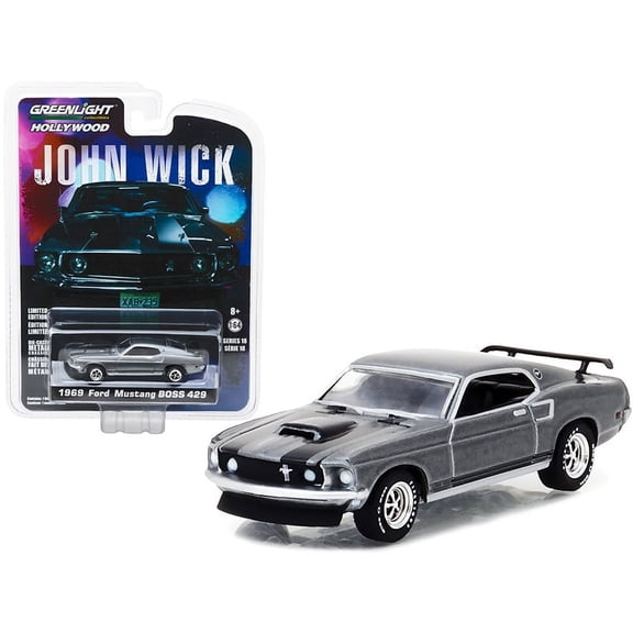 1969 Ford Mustang Boss 429 Gray Metallic with Black Stripes "John Wick" (2014) Movie "Hollywood Series" Release 18 1/64 Diecast Model Car by Greenlight