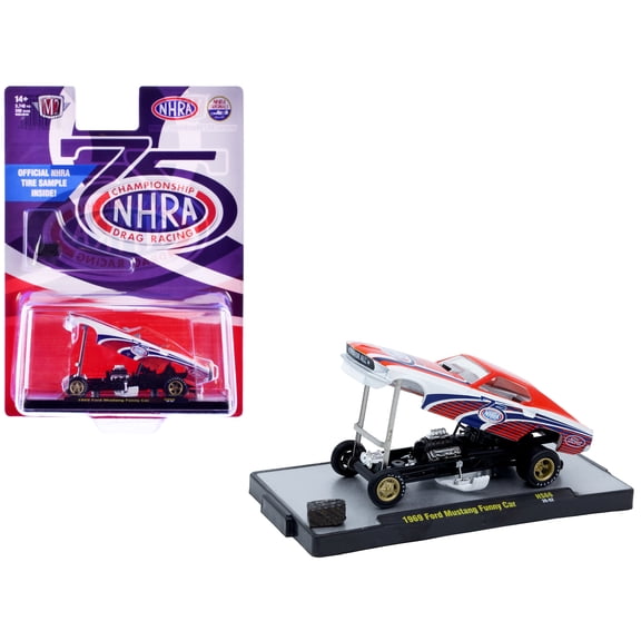 1969 Ford Mustang Funny Car "NHRA 75 Years" Red and White with Graphics Limited Edition to 3740 pieces Worldwide 1/64 Diecast Model Car by M2 Machines