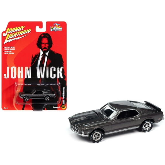 1969 Ford Mustang Mach I Gray Metallic with Black Stripes "John Wick" (2014) Movie "Pop Culture" 2024 Release 2 1/64 Diecast Model Car by Johnny Lightning