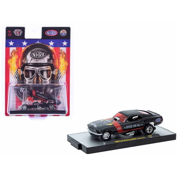 1969 Ford Mustang NHRA Funny Car Black Metallic with Red Stripes and Graphics Limited Ed 1/64 Diecast Model car by M2 Machines