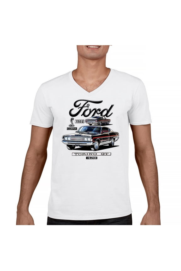 1969 Ford Torino GT Cobra V-Neck T-shirt American Muscle Car Classic Vintage Retro FoMoCo Performance Licensed Tee