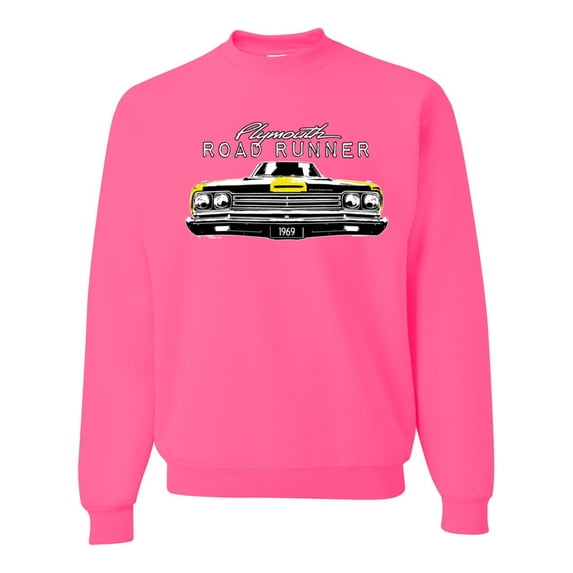 1969 Plymouth Road Runner Hot Rod Racing | Mens Cars and Trucks Crewneck Graphic Sweatshirt, Neon Pink, 3XL