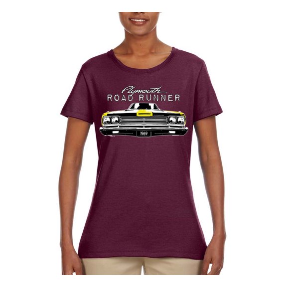1969 Plymouth Road Runner Hot Rod Racing | Womens Cars and Trucks Graphic T-Shirt, Maroon, Large