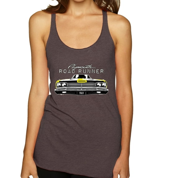1969 Plymouth Road Runner Hot Rod Racing | Womens Cars and Trucks Premium Tri-Blend Racerback Tank Top, Brown, X-Large