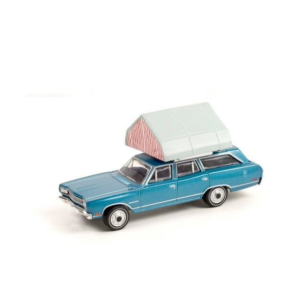 1969 Plymouth Satellite Station Wagon with Camp'otel Rooftop Sleeper Tent, Blue - Greenlight 38010B/48 - 1/64 scale Diecast Model Toy Car