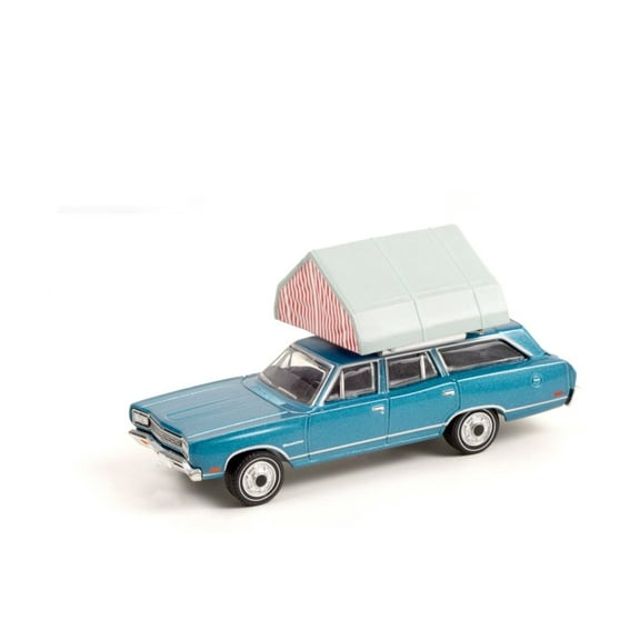 1969 Plymouth Satellite Station Wagon with Camp'otel Rooftop Sleeper Tent, Blue - Greenlight 38010B/48 - 1/64 scale Diecast Model Toy Car