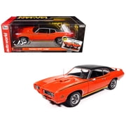 1969 Pontiac GTO Judge Carousel Red with Black Stripes and Black Vinyl Top Mecum Auctions 1/18 Diecast Model Car by Auto World