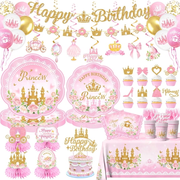 196Pcs Princess Party Decorations Serves 24,Pink Princess Themed Tableware Includes Scalloped Plates,Napkins,Tablecloth,Banner,Balloon,Cake Topper for Girls Princess Party Supplies A101