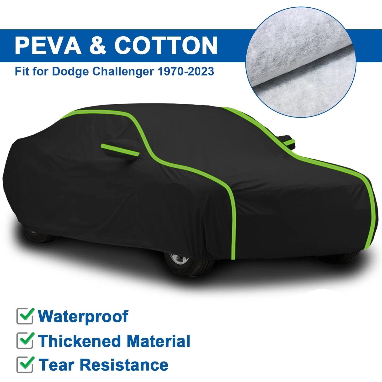 For 1970-2023 Dodge Challenger Car Cover, Waterproof Thickened PEVA+Cotton Outdoor Full Exterior Covers for Automobiles All Weather Snow Rain Dust Hail Protection Black