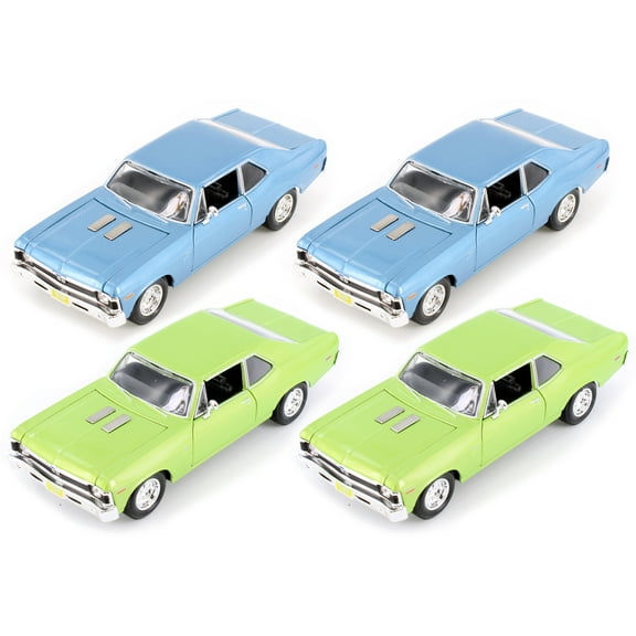 1970 Chevy Nova SS Hardtop, Blue & Green - Showcasts 37262 - 1/24 Scale Set of 4 Diecast Model Cars