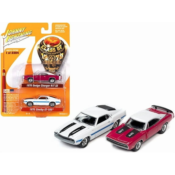 1970 Dodge Charger R/T SE Panther Pink and 1970 Ford Mustang Shelby GT500 White Set of 2 pieces "Class of 1970" Limited Edition to 2304 pieces Worldwide 1/64 Diecast Model Cars by Johnny Li