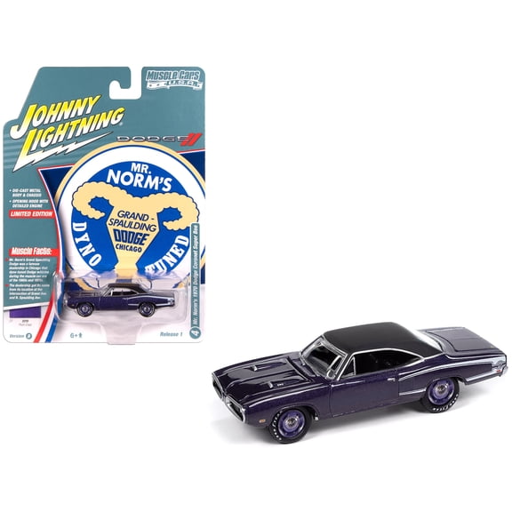 1970 Dodge Coronet Super Bee "Mr. Norm's" Plum Crazy Metallic with Black Top & White 1/64 Diecast Model Car by Johnny Lightning