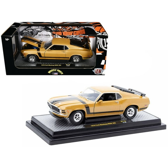 1970 Ford Mustang BOSS 302 Gold Metallic with Black Stripes Limited Edition to 6250 pieces Worldwide 1/24 Diecast Model Car by M2 Machines