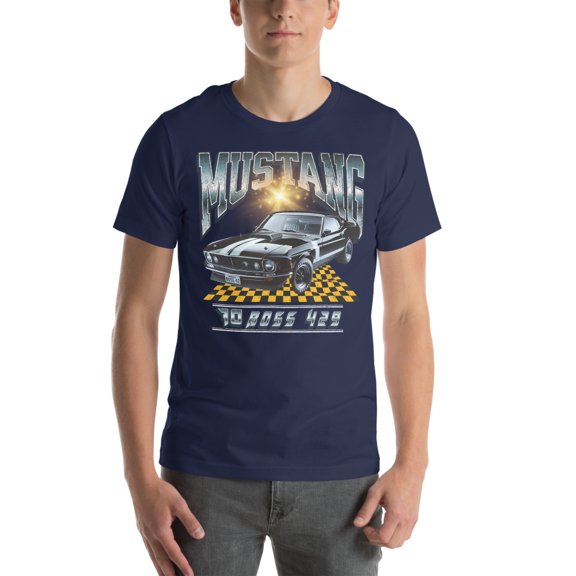 1970 Ford Mustang Boss 429 | Vintage 70's Era Auto Shirt (Navy, L)