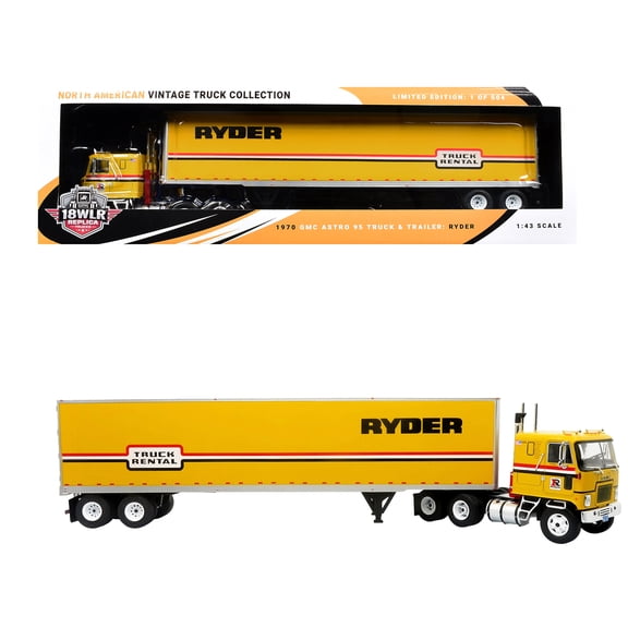 1970 GMC Astro 95 Tractor with Dry Van Trailer "Ryder Truck Rental" Yellow with Stripes 1/43 Diecast Model by Iconic Replicas