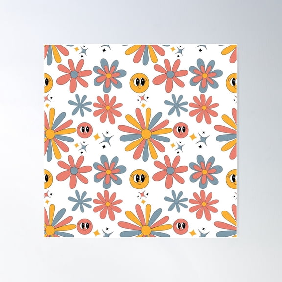 1970"S Flower Power Vintage Seamless Vector Patterns Poster Wall Art, Modern Wall Decor For Living Room Bedroom, 24x24 UNFRAMED
